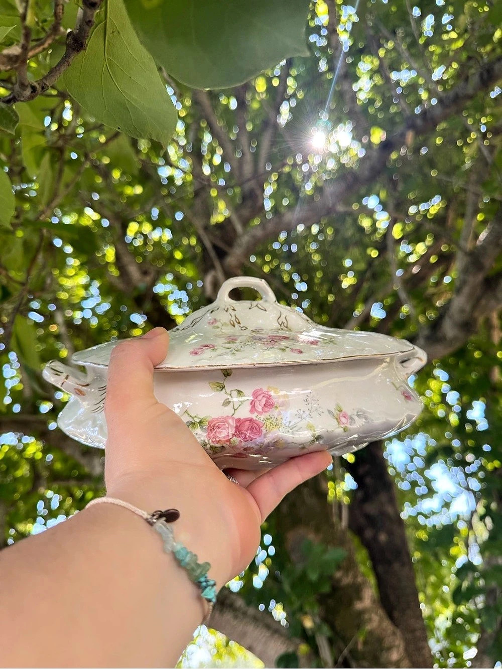 Antique J & G Meakin Sol floral Covered Vegetable Tureen White & Pink